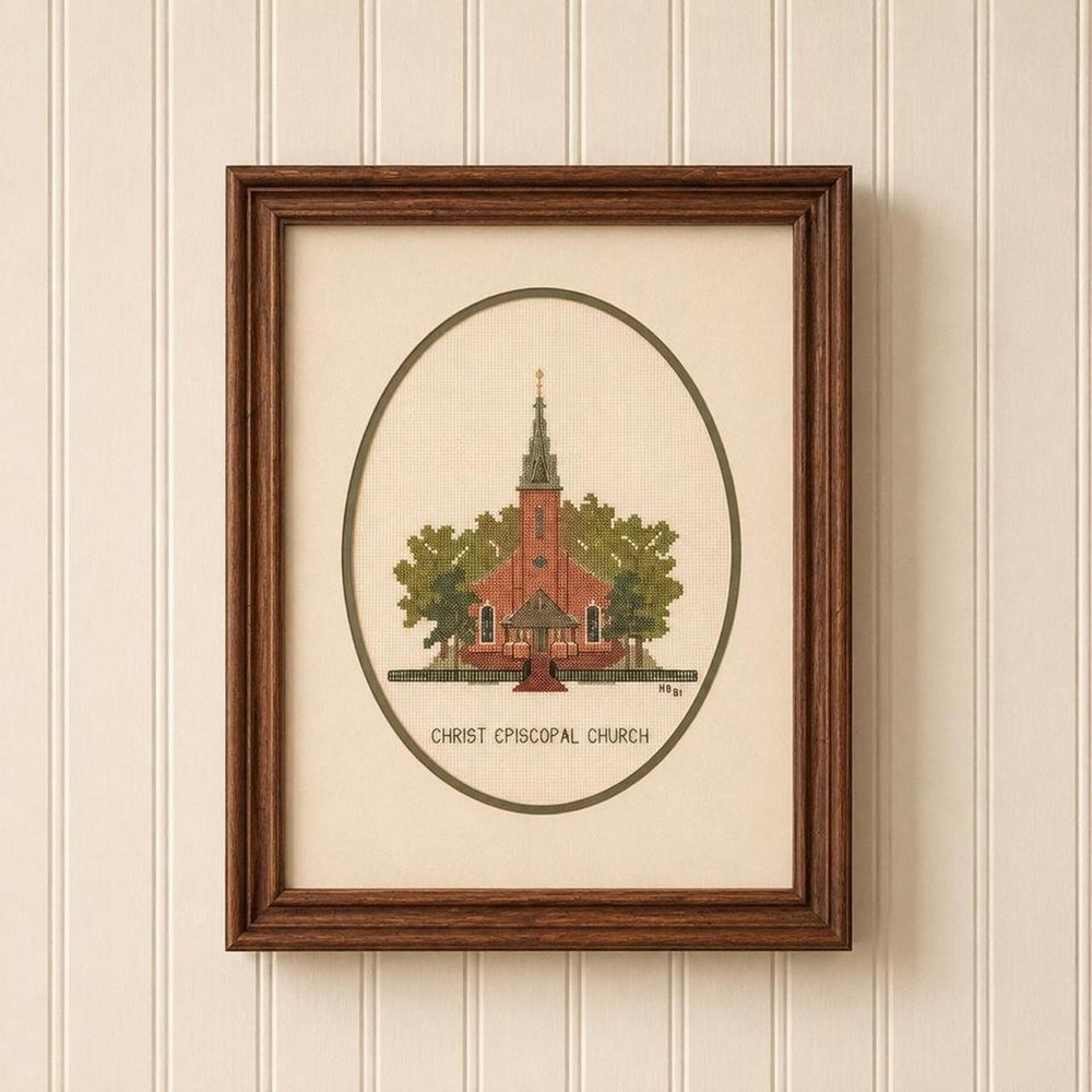 Vintage NC Church Cross-Stitch Wall Art